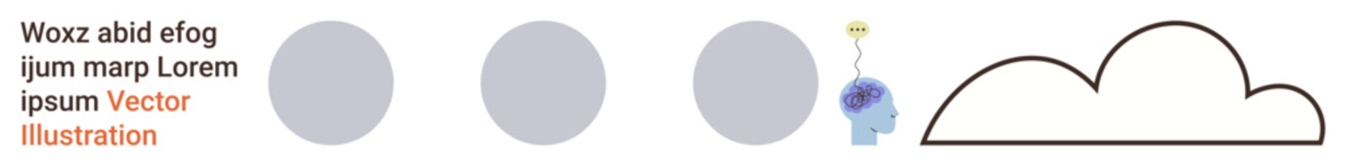 Creativity, learning, brainstorming, technology, neuroscience, cloud computing. Circular shapes, outlined cloud text block and head with highlighted brain. Brainstorming and creativity concepts