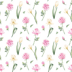 Naklejka premium Beautiful botanical repeat background with delicate rose and blooming tulips. Hand-drawn garden flowers seamless pattern. Illustration for romantic invitations, textile design, wallpapers, packaging