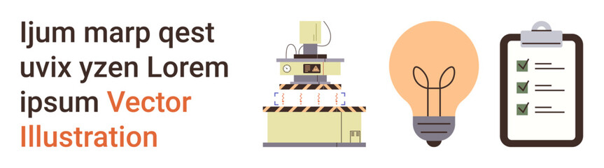 Innovation, industry, creativity, organization, equipment, planning. Industrial machine, glowing lightbulb checklist with ticks. Innovation and industry linked with creativity and planning © robu_s