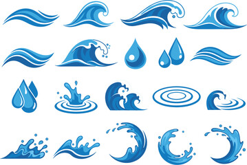 Professional blue water waves and ocean splash vector set featuring variety of sea surf ripples and decorative liquid drops. © D P Store