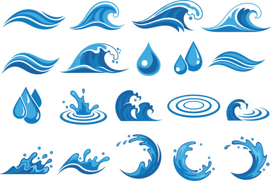 Professional blue water waves and ocean splash vector set featuring variety of sea surf ripples and decorative liquid drops.