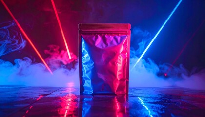 Product Packaging Mockup Standing Alone on Shiny Floor Illuminated by Neon Lights in Dark Room