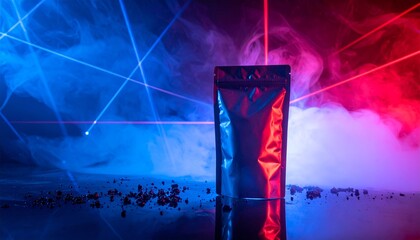 Futuristic stage mockup with neon lights, laser beams, and crowd at night