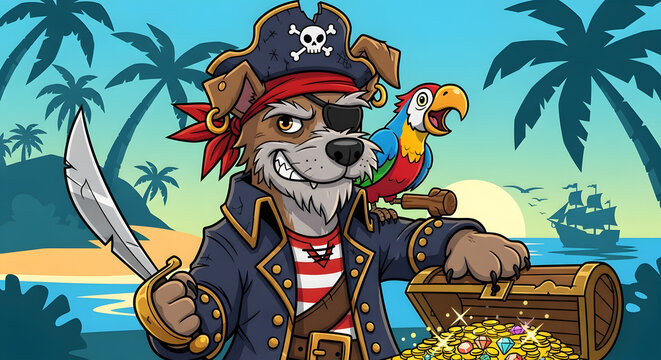 Funny cartoon of a dog dressed as a pirate