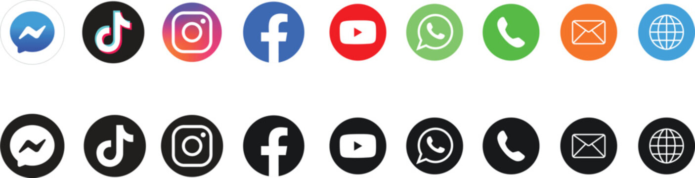 Social media logo icons. social network logos - WhatsApp, messenger, youtube, TikTok, Facebook, instagram logo icon set | Contact us icon set.
