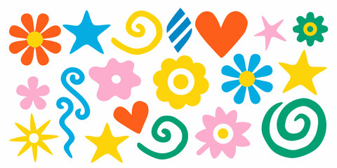 Colorful collection of playful cartoon flowers stars and swirling shapes © RanjanKumar