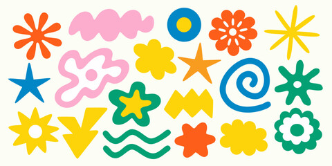 Colorful abstract floral and geometric shapes arranged on a white background © RanjanKumar