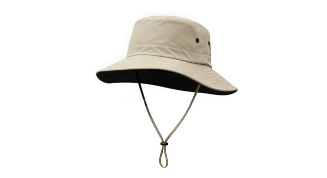 Beige bucket hat with chin strap isolated on transparent background