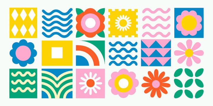 Colorful geometric and floral pattern featuring repeating shapes and bright hues
