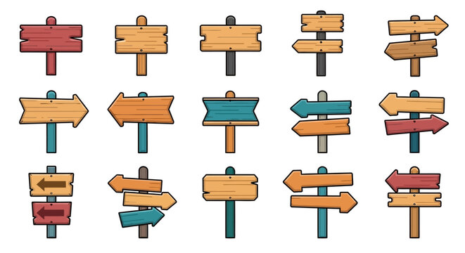Collection of diverse cartoon-style wooden signposts and arrow signs, perfect for navigation and direction illustrations.