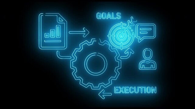 Neon-lit infographic illustration of business strategy with goals, execution and teamwork elements on a dark background.