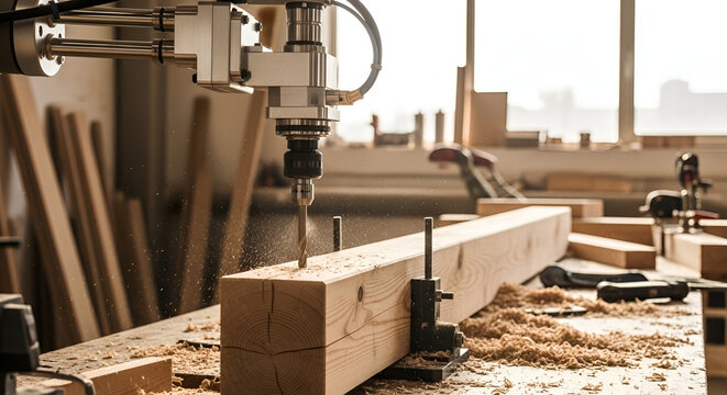 Woodworking CNC Machine Cutting Wood in Workshop