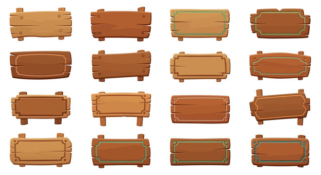 Illustrated set of various rustic wooden signs and blank panels, perfect for game user interfaces and digital graphic design, isolated on white.