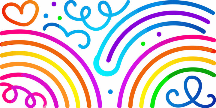 Colorful abstract design featuring rainbow arcs a heart and playful swirls