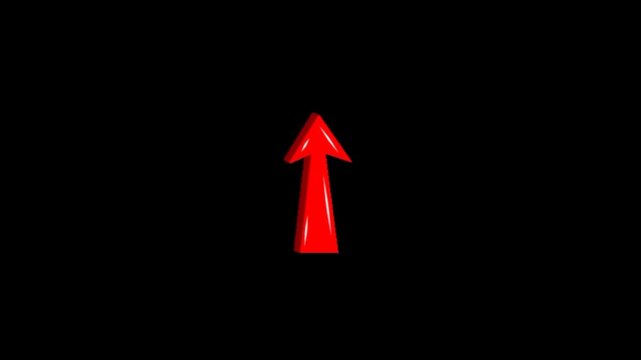 Shining red arrow pointing upwards on black background