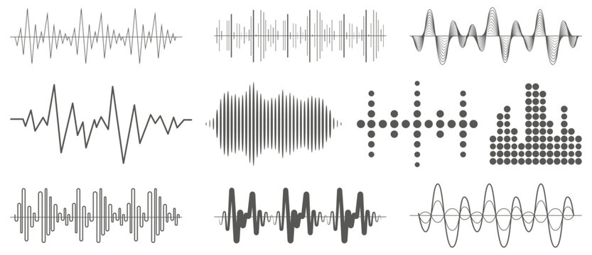Podcast sound waves. Audio wave forms line, sound wave frequency or voice microphone signals. Music, podcast and broadcast and audio branding design. Sound wave