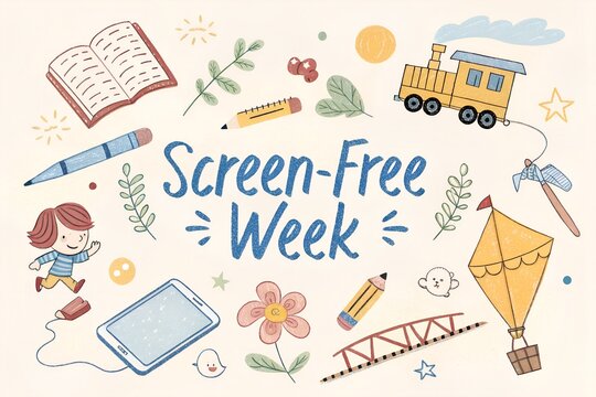 Charming illustration celebrating screen free week featuring a happy child, open book, toys, and natural elements promoting digital detox and offline activities for wellness.