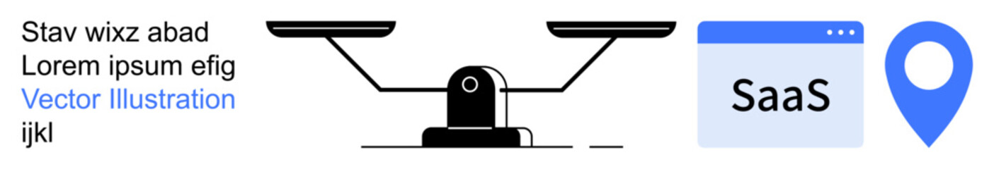 Business tools, data evaluation, software platforms, digital marketing, geolocation, justice system. Balance scale, SaaS icon geolocation pin. Business tools and data evaluation concepts