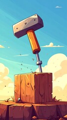 Cartoon hammer strikes wooden block against vibrant sky backdrop