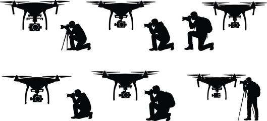 Drone aerial photography silhouette set with photographer videographer shooting camera quadcopter technology vector illustration collection bundle © astroDev