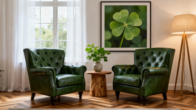 Elegant living room featuring two green leather armchairs, a wooden side table, and a large framed four-leaf clover print, evoking luck and nature.