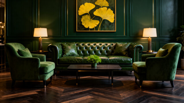 Luxurious green velvet armchair and chesterfield sofa arranged in a sophisticated drawing room with dark wood floors and elegant wall paneling.