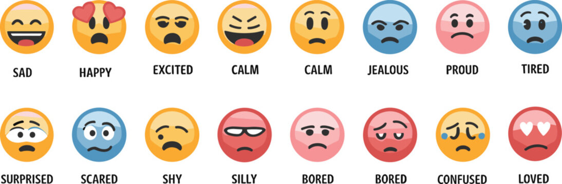 Collection of expressive emoji style faces showing emotions including happy, sad, excited, calm, jealous, proud, tired, surprised, scared, shy, silly, bored, confused, loved