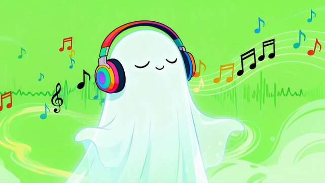 Ghost with headphones, surrounded by music notes. Perfect for halloweenthemed design projects, music festivals, or spooky music playlists.