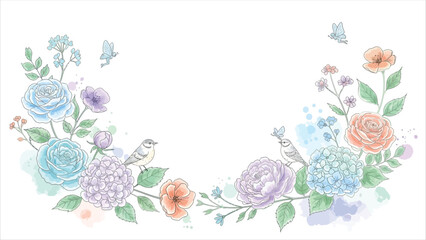 Obraz premium Vibrant floral wreath with birds and butterflies on white background