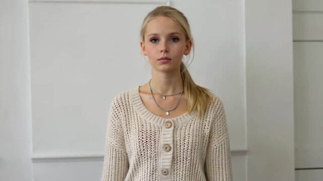 Blonde girl wearing knitted sweater