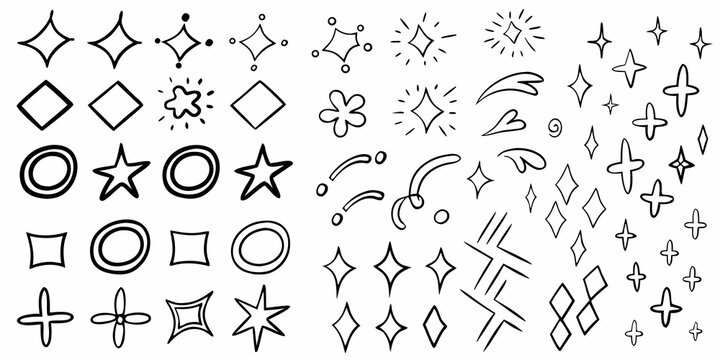 Collection of hand drawn whimsical star floral and geometric shapes