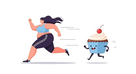 Plus Size Woman Running Away from Cupcake, Healthy Lifestyle Vector Illustration