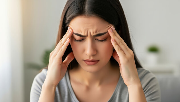 Woman experiencing headache: A young woman, her brow furrowed, holds her temples with hands, revealing the distress of a headache. The image encapsulates pain, and unease.