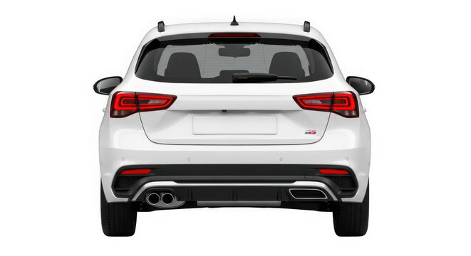 Rear view of a white suv car with red taillights isolated on transparent background