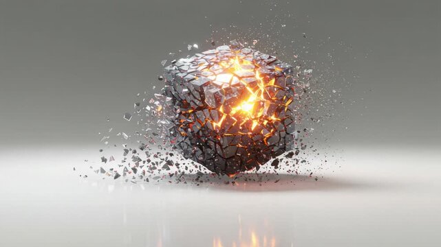 Abstract Exploding Cube with Fiery Core and Debris