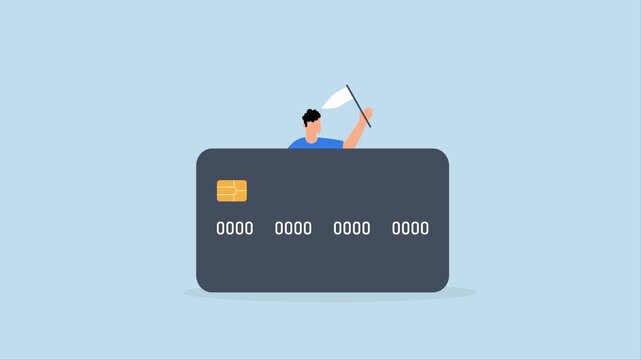 Credit card debt compromise,  bankrupt man surrenders his position and waves the white flag behind large credit card debt