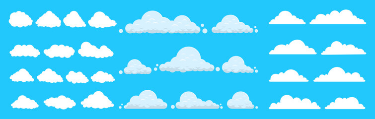 Set of white clouds in different shapes and sizes. Cartoon cloud collection flat vector set
