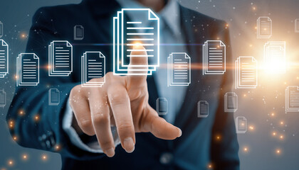 Obraz premium Business Professional Selecting Digital Document Interface – Document Management, Data Processing and Workflow Automation Concept