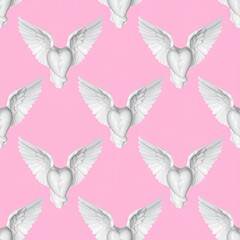 Seamless Pattern of White Winged Hearts on a Vibrant Pink Background.