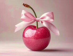 Single red cherry with a delicate pink ribbon tied around its stem, set against a soft pink background.