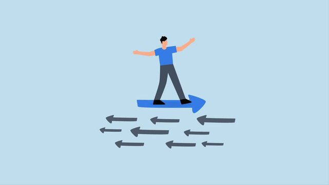 Contrary investment, 4k animation of businessman move arrow in other mainstream
