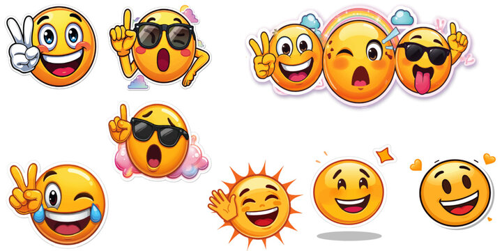 Funny Emoji Illustration Sticker Faces With Expressions Hand Signs Emotions.