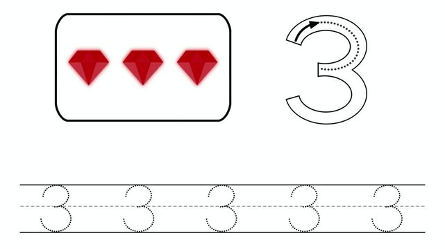 Educational worksheet teaching number three with counting icons, tracing arrows, dotted lines, handwriting practice. Clean learning design for preschool, kindergarten, homeschooling, number writing	
