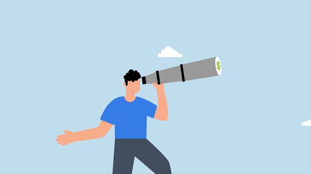 Looking for investment opportunity, 4k animation of investor looks through binoculars to see dollar sign