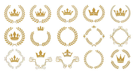 Collection of Golden Crowns and Laurel Wreaths for Royal and Achievement Emblems.
