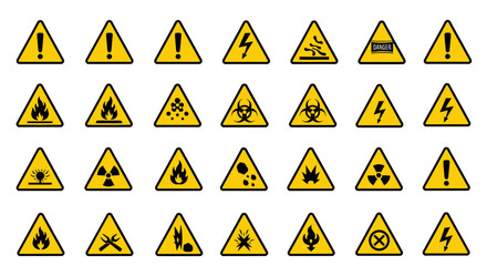 Collection of various yellow triangular warning signs for hazards and dangers.