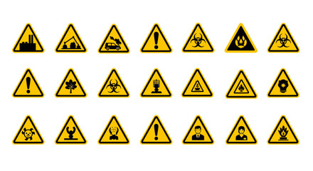 Collection of various yellow triangular warning signs for safety and hazards.