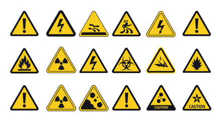 Collection of various yellow triangular warning signs indicating different hazards and cautions.