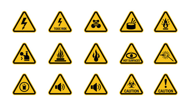 Collection of various yellow triangular warning signs with black symbols.