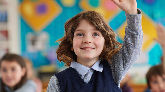 School classroom student child learning education happy question elementary raising hand student child learning education happy question classroom